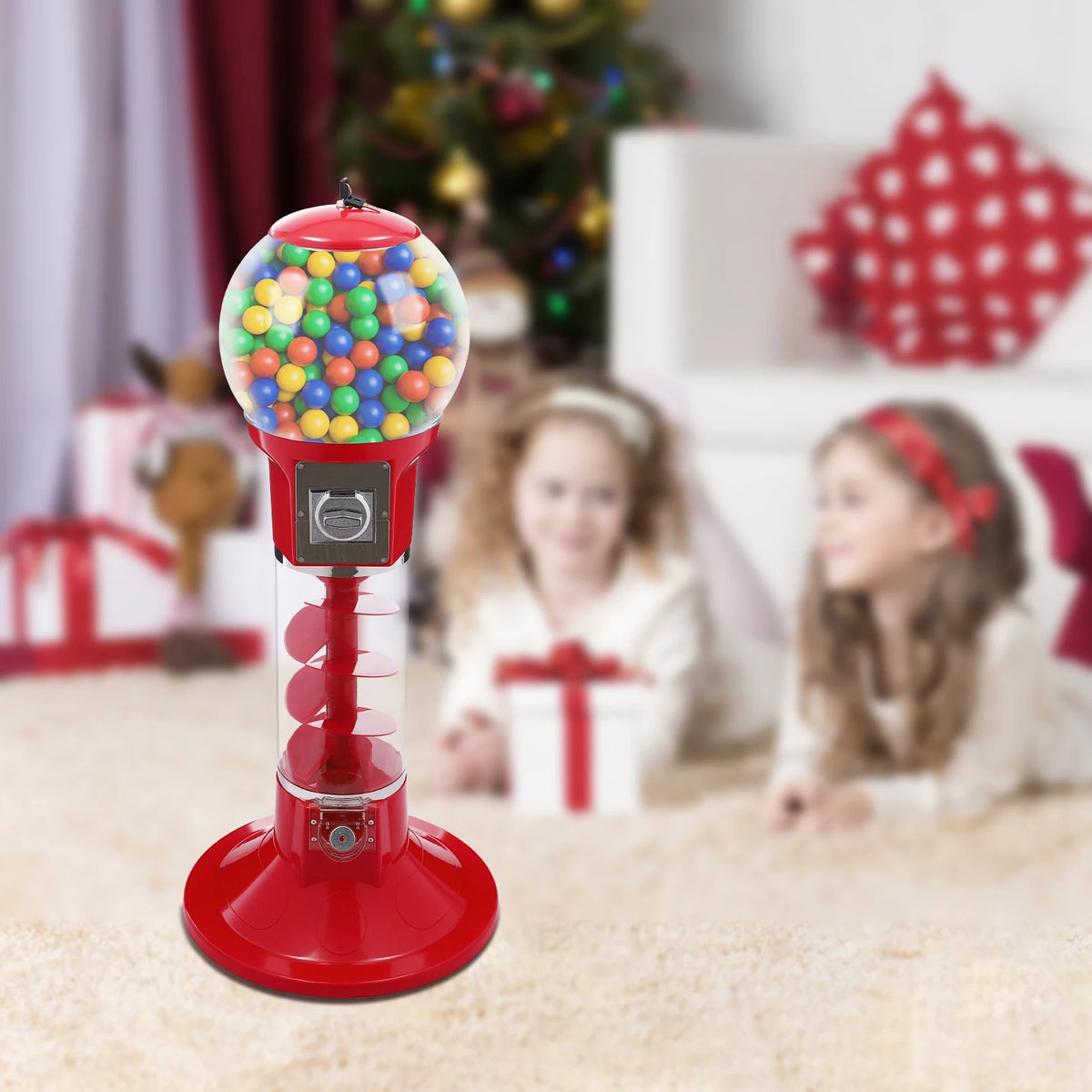 Vending Machine Cylindrical Twister Ball Dispenser, freestanding red with clear globe filled with colorful balls.
