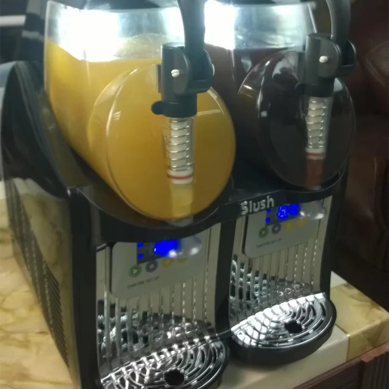 Commercial Slushy Machine with 2 dispensers, stainless steel finish, blue indicator lights