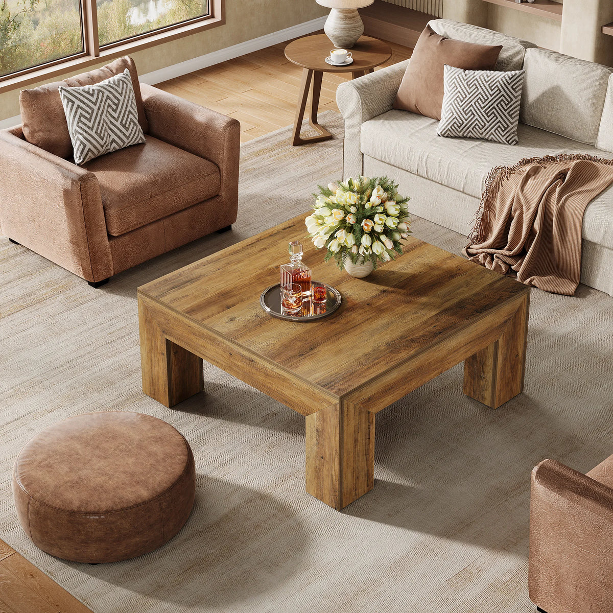 Tribesigns 39.4-inch square coffee table, all MDF with sturdy wooden legs, natural wood finish.