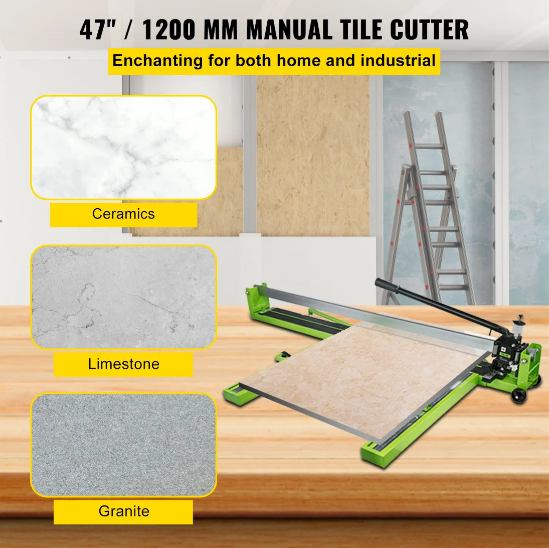 Manual tile cutter by S And B Enterprise, green infrared-laser tool; shown with ceramic, limestone, granite tile samples.