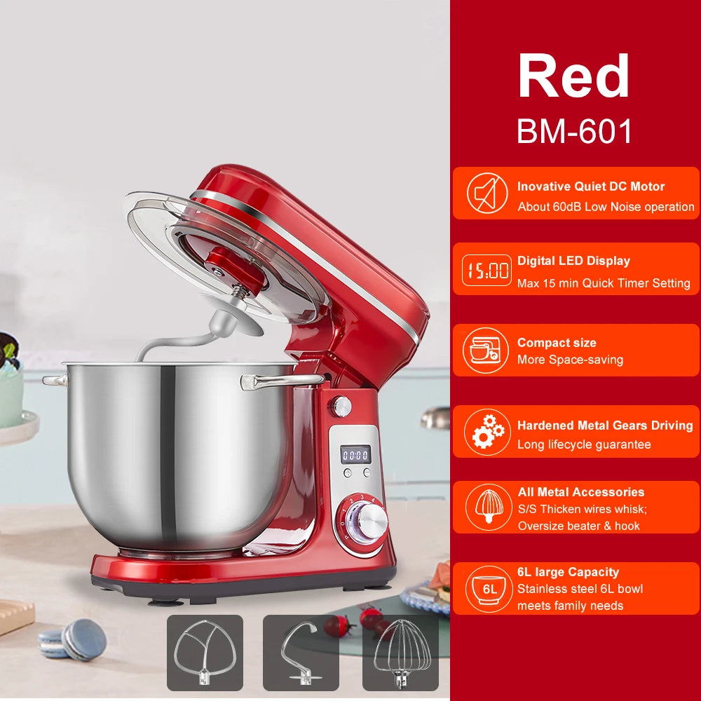 BioloMix red stand mixer with stainless steel 6L bowl and 1200W DC motor