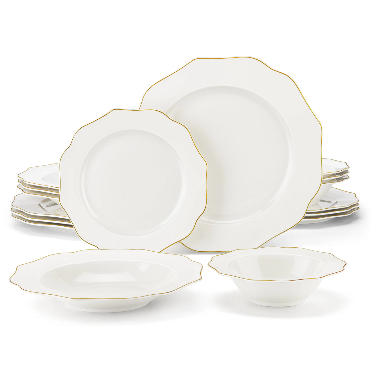 MALACASA white porcelain tableware with gold rims; bowls and plates stacked in a multi-piece set