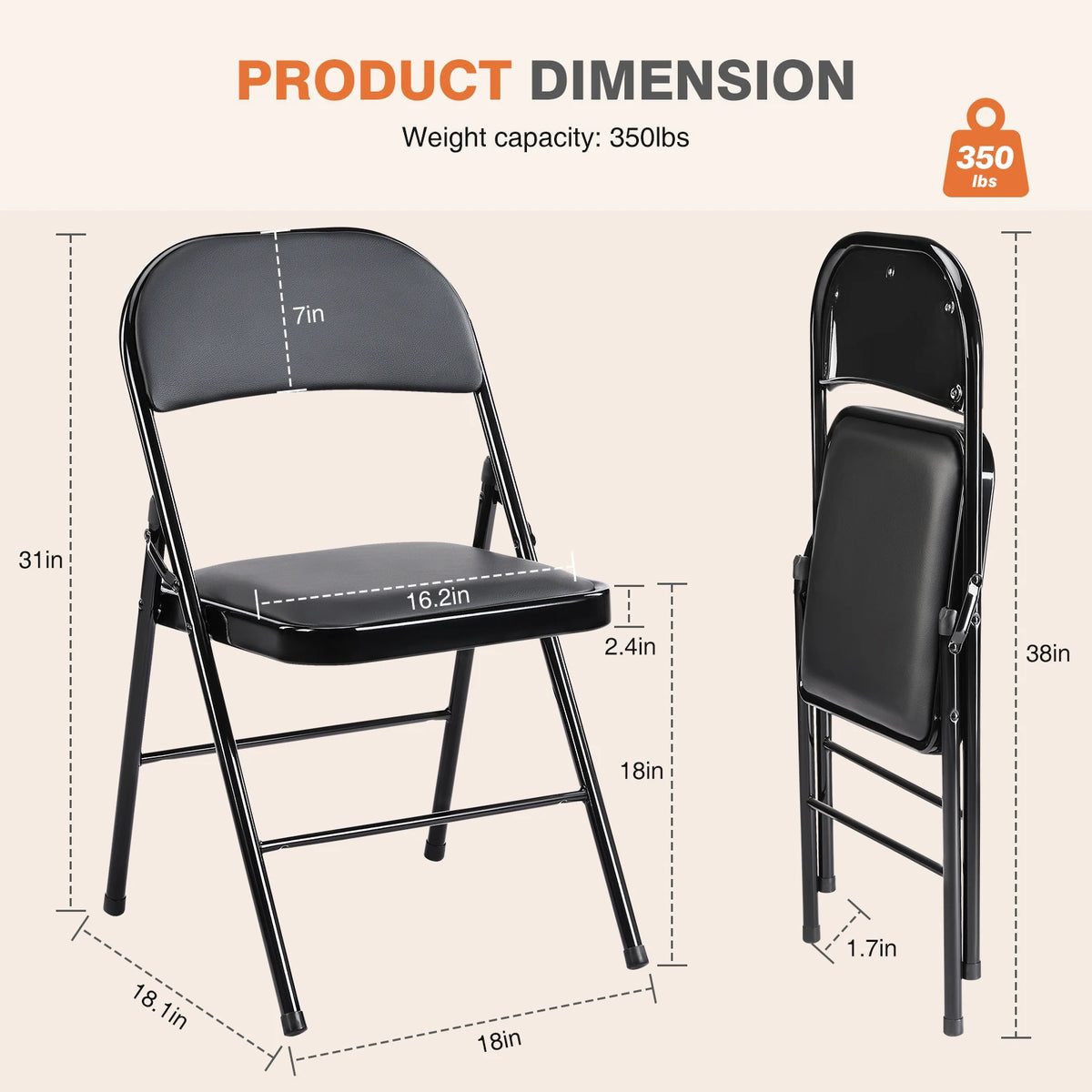 JHK Leather Padded Folding Chair 4 Pack by S And B Enterprise, black metal frame with gray padded seat and back