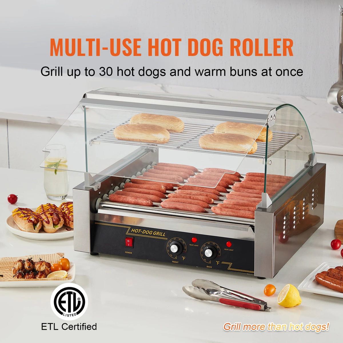 Commercial hot dog roller grill in stainless steel with top bun rack; ETL listed.