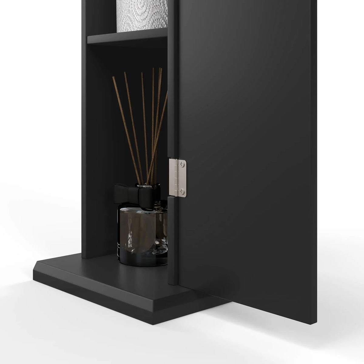 Homcom black toilet paper cabinet with doors and shelves, compact corner floor unit.