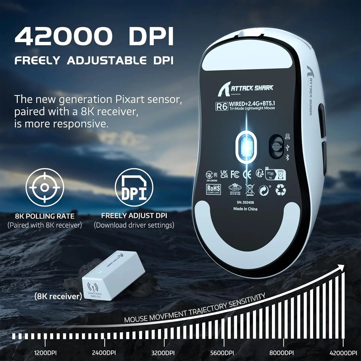 Attack Shark R6 Wireless Gaming Mouse With 8KHz Polling PAW 3950Max Sensor by S And B Enterprise