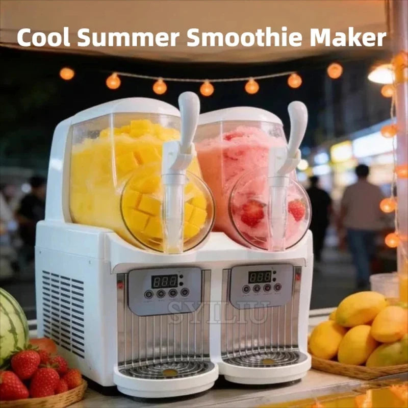 Commercial slushy machine with two white bowls and digital control panels on front