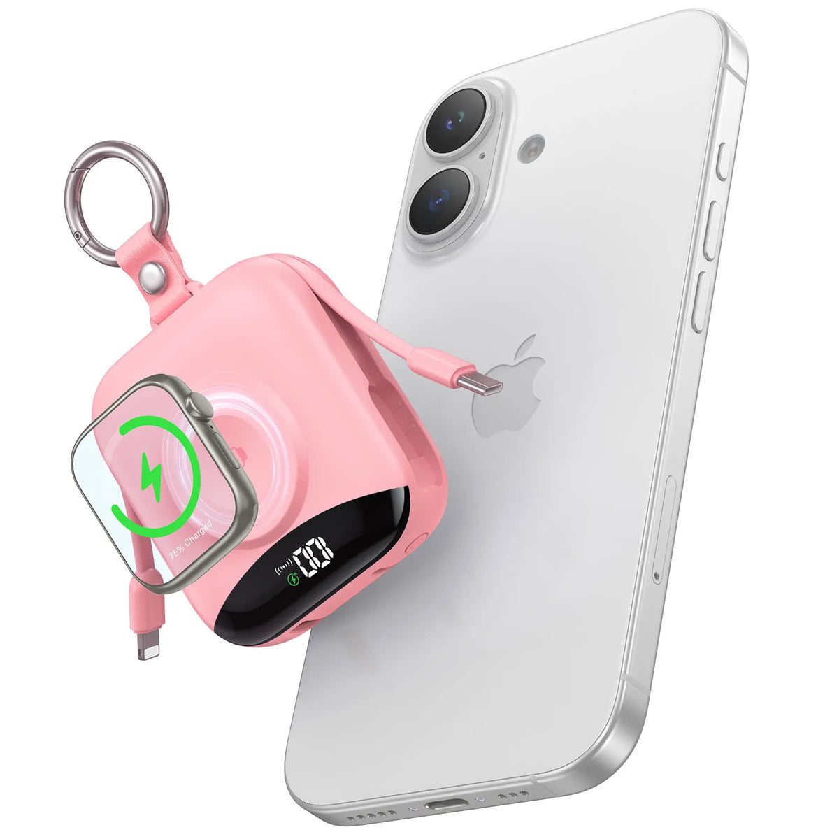 Pink compact power bank with built-in Lightning and Type-C cables, LED display, and keychain ring