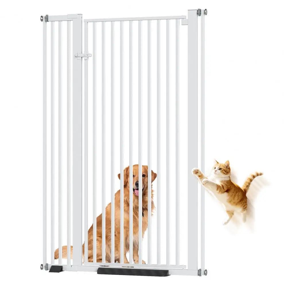 55-inch extra tall white metal pet gate for stairs and doorways, no-drill pressure-mounted safety fence