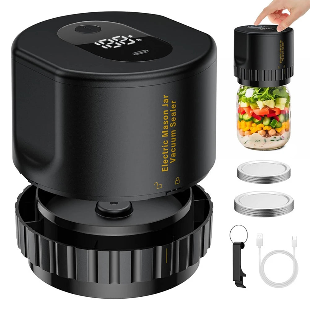 S And B Enterprise automatic mason jar vacuum sealer, black, one-button operation; includes two lids and USB cable