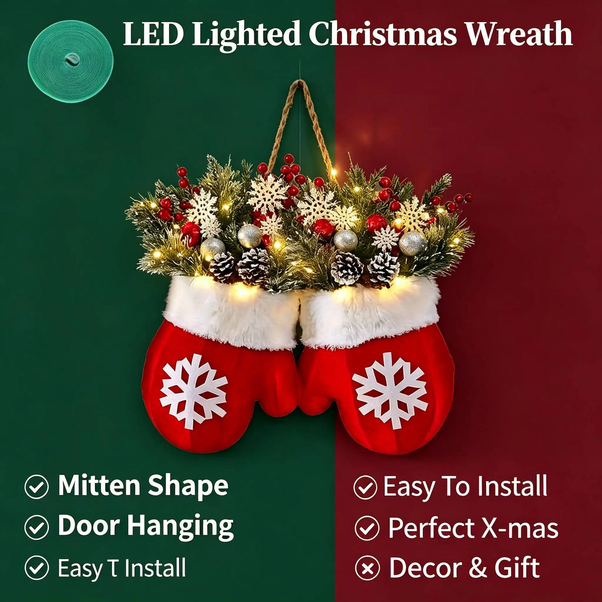 LED twinkling Christmas wreath with artificial pine garland, red berries, and pinecones on a mitten-shaped hanger.