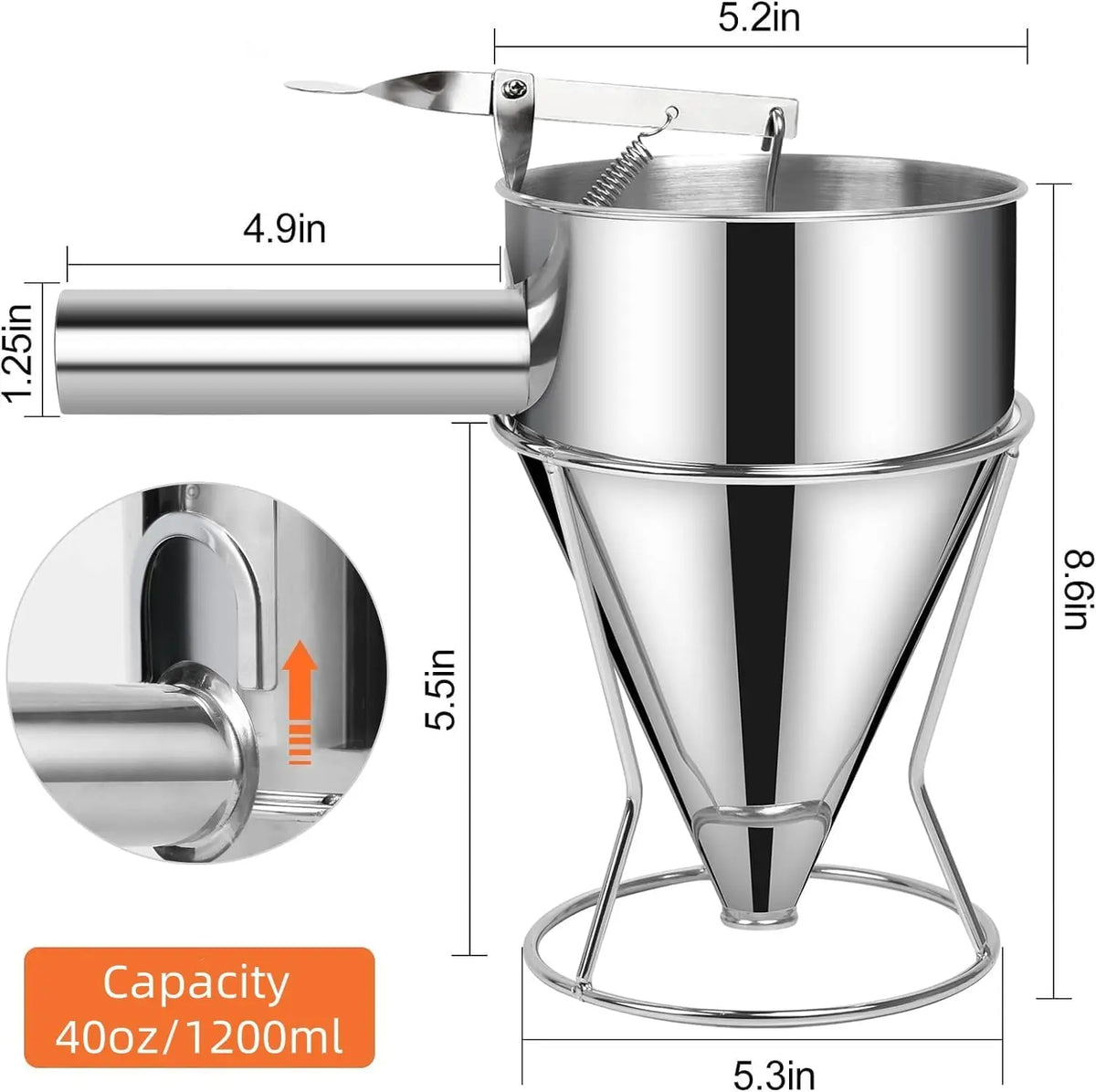 Stainless steel pancake batter dispenser with stand and four nozzles, 40oz capacity.
