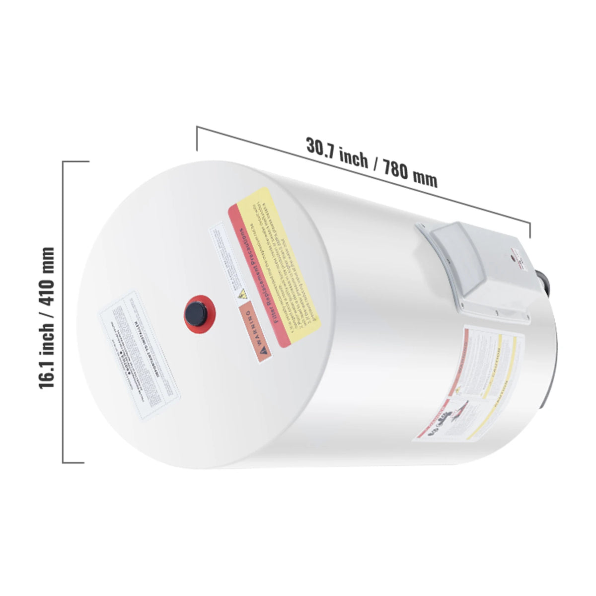 Electric water heater with 40/70L capacity, white cylindrical tank, LED display and knob control