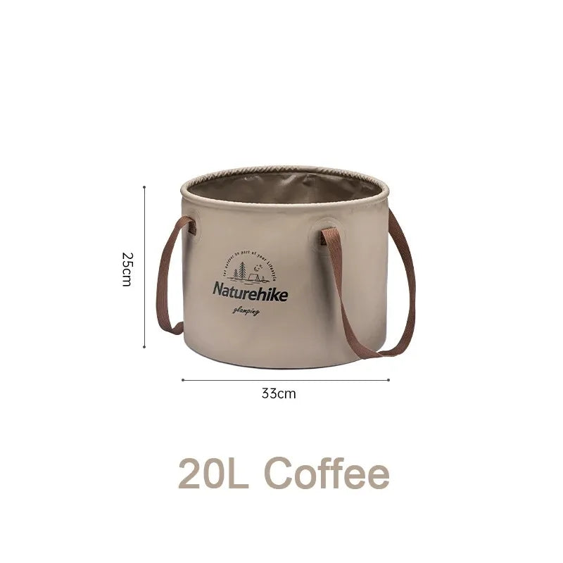 Naturehike handheld foldable waterproof bucket, beige with brown handles, 20L capacity.