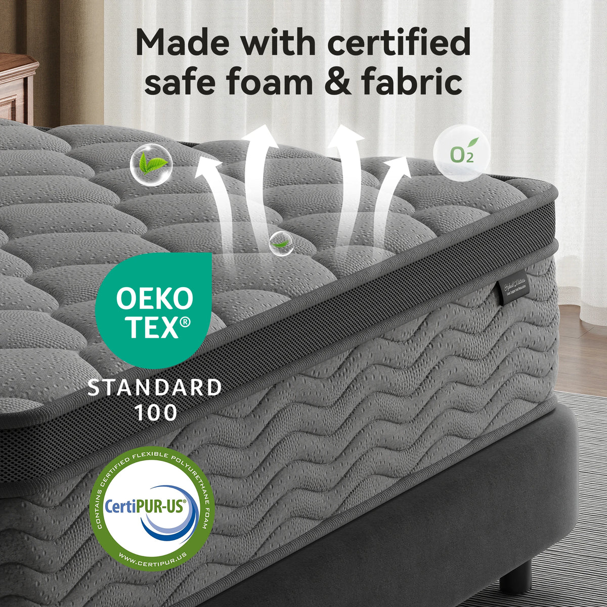 Twin-size hybrid mattress, 8–10 inch, medium-firm with pocket springs and motion isolation; CertiPUR-US & OEKO-TEX certified