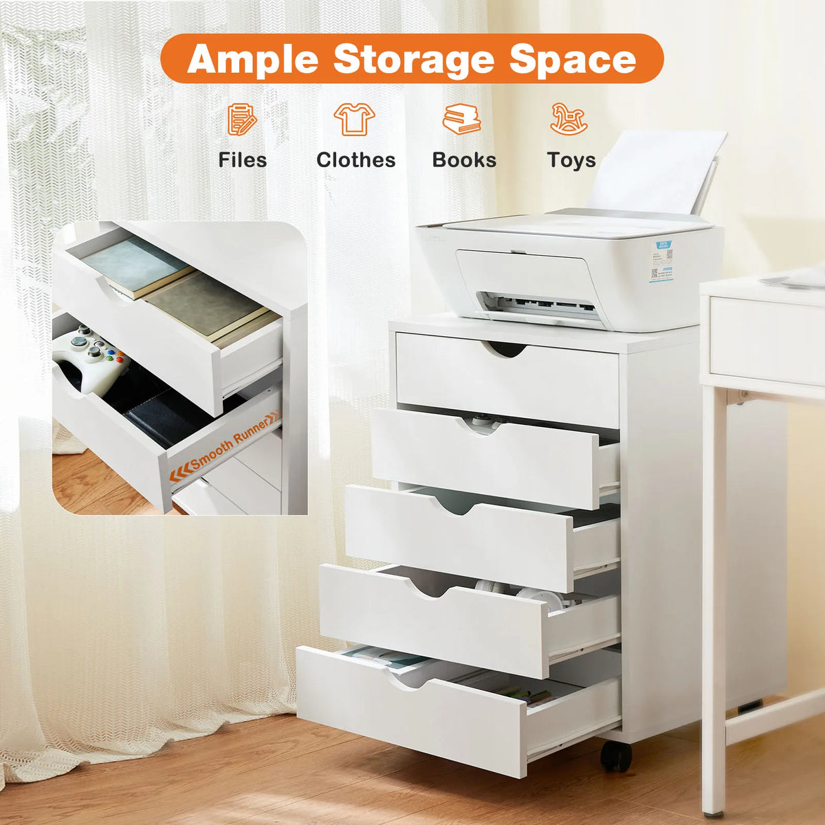 JHK Wood Nightstand Cabinet, white 5-drawer mobile storage unit on wheels by S And B Enterprise