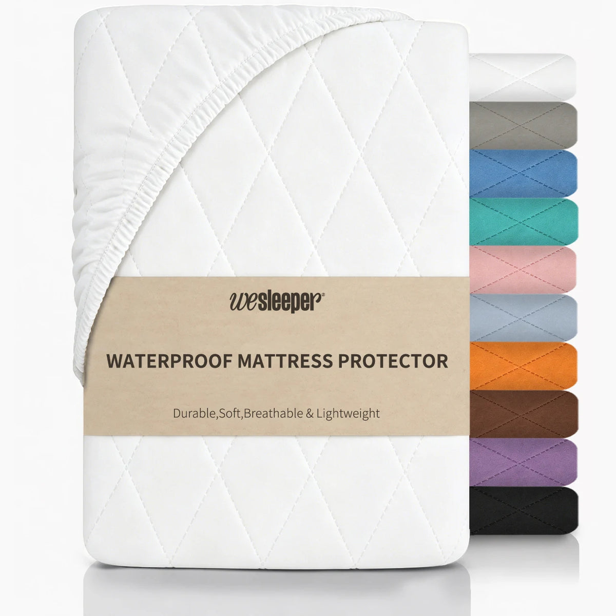 Waterproof quilted mattress protector in white with diamond stitching; breathable with 12 color options.