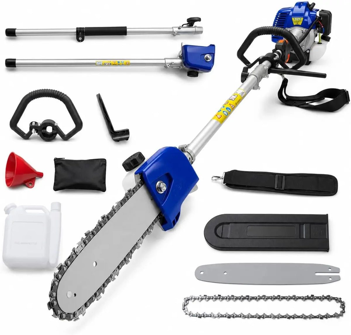 Gas-powered pole saw kit with 12in bar, 52/43cc engine, 2.0HP, includes extra pole sections and chain