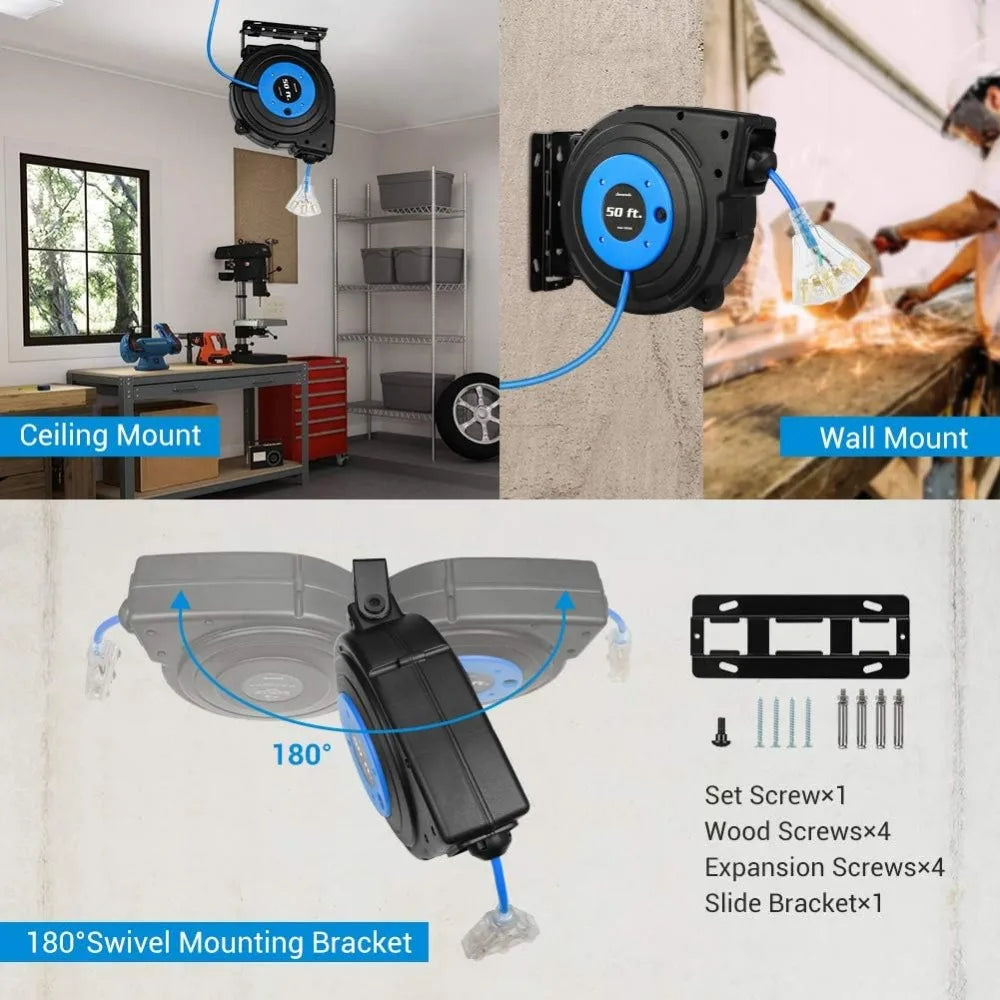 Cord reel by S And B Enterprise: 50ft retractable with 3 outlets and 13A breaker; ceiling or wall mount, blue/black.