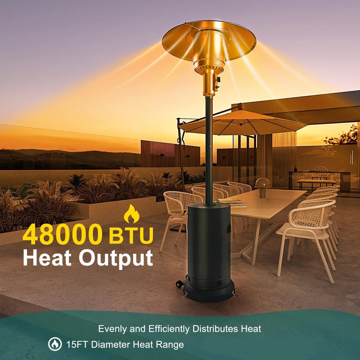 S And B Enterprise 48000 BTU propane patio heater, dark green with wheels