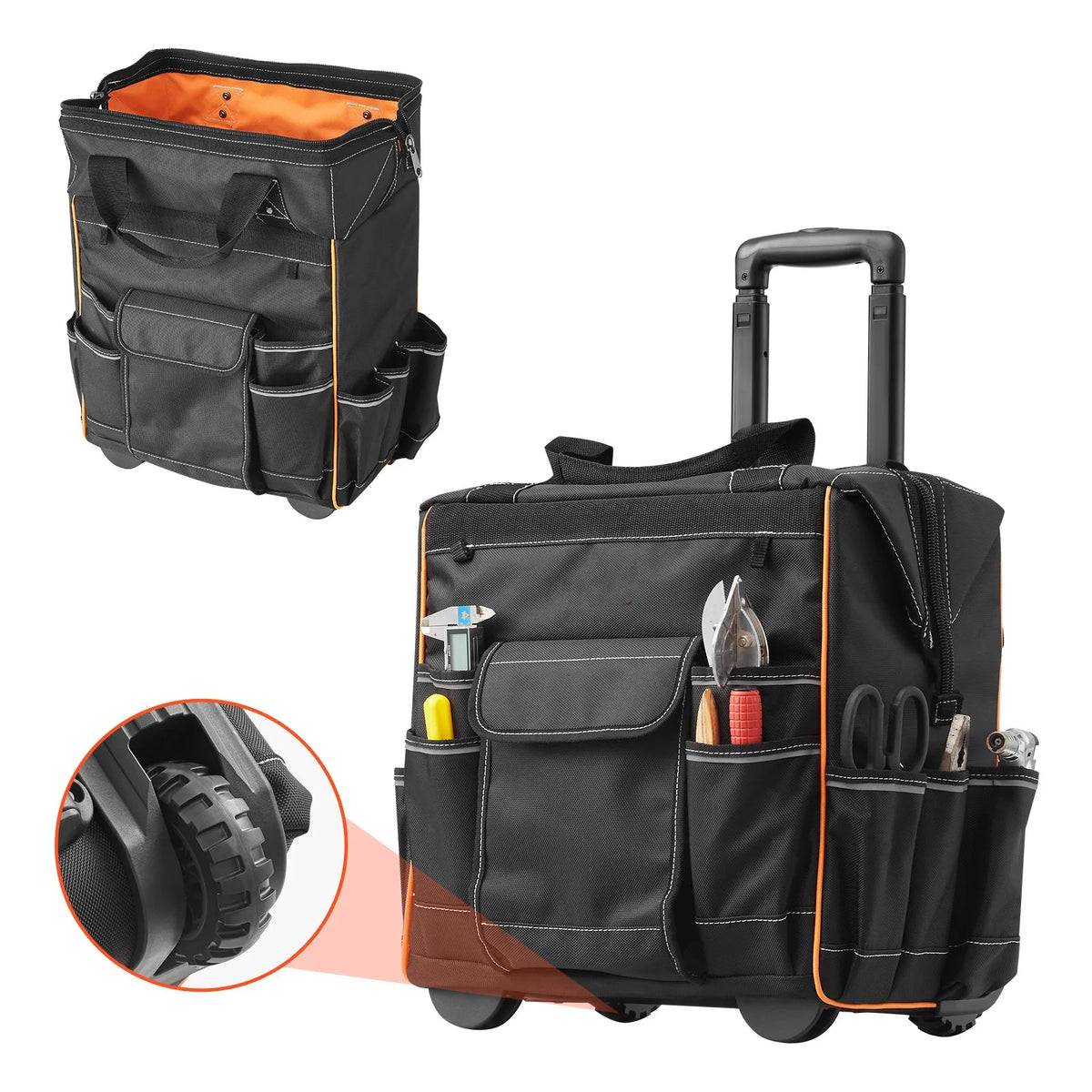 Rolling tool bag on wheels with telescoping handle, 25 pockets, black with orange interior