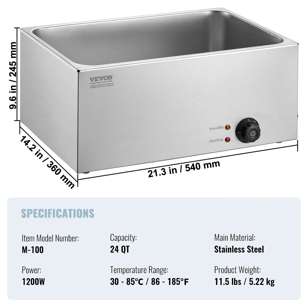 Commercial stainless steel food warmer with front dial control and VEVOR logo.
