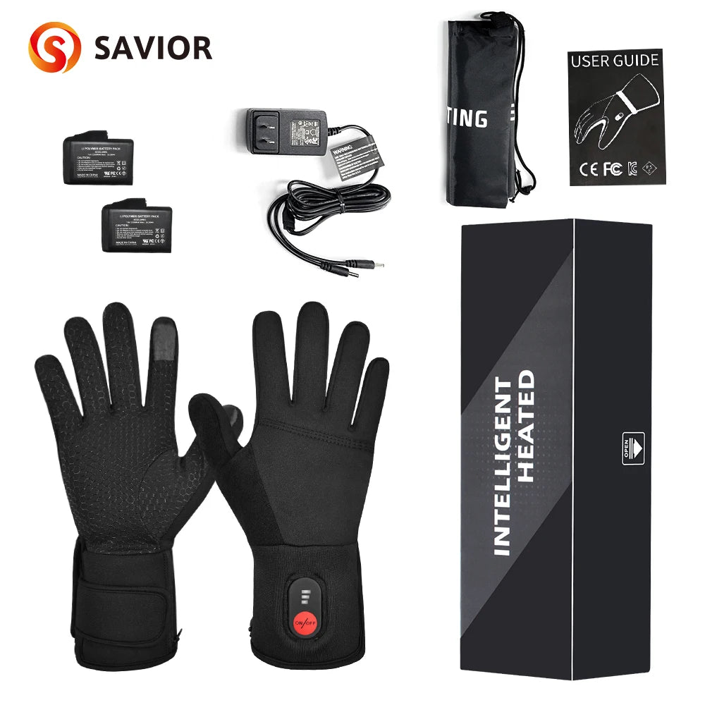 Rechargeable heated gloves, Savior brand, black waterproof touchscreen gloves with 2 batteries and charger