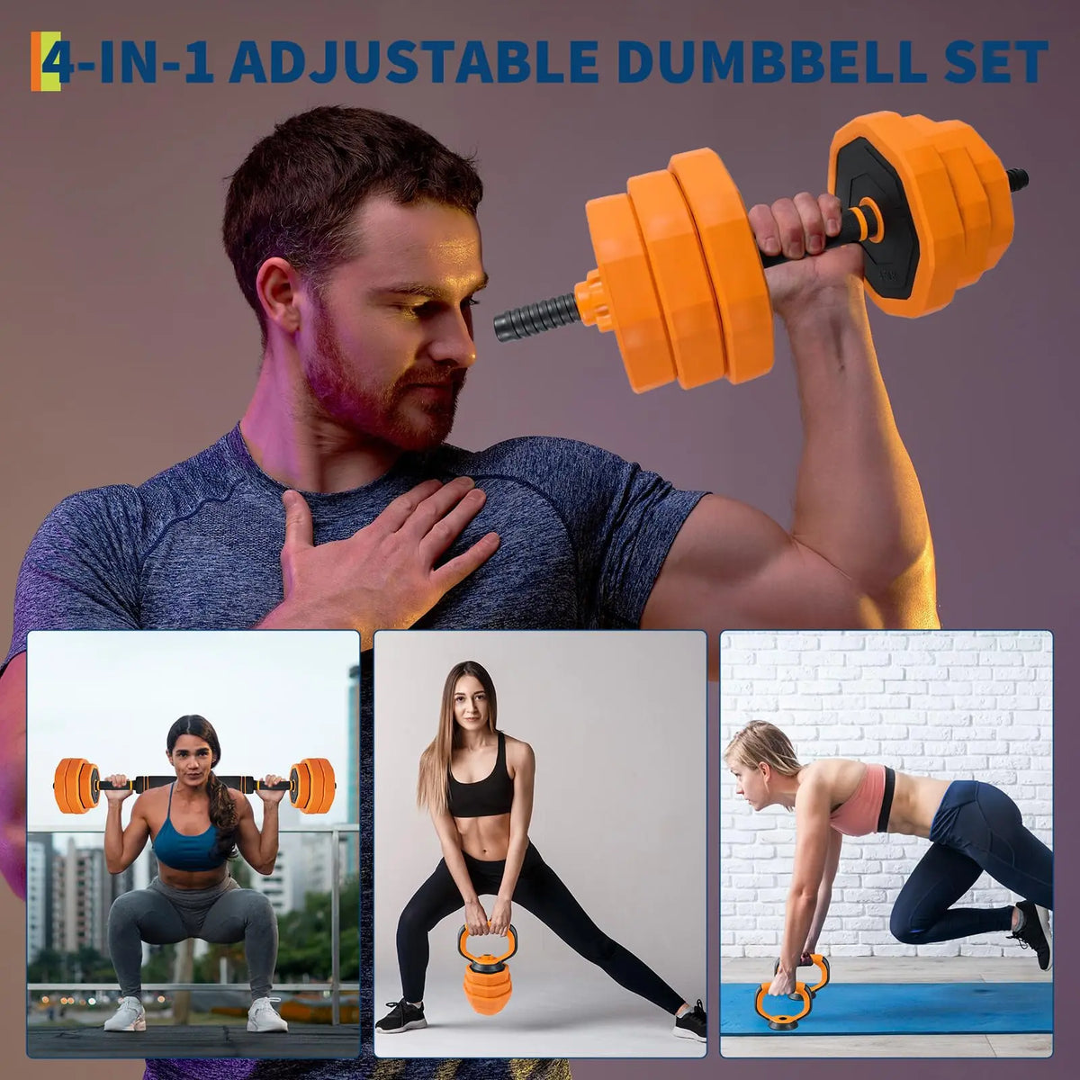 4-in-1 adjustable dumbbell set with orange weights, 44lbs for home gym