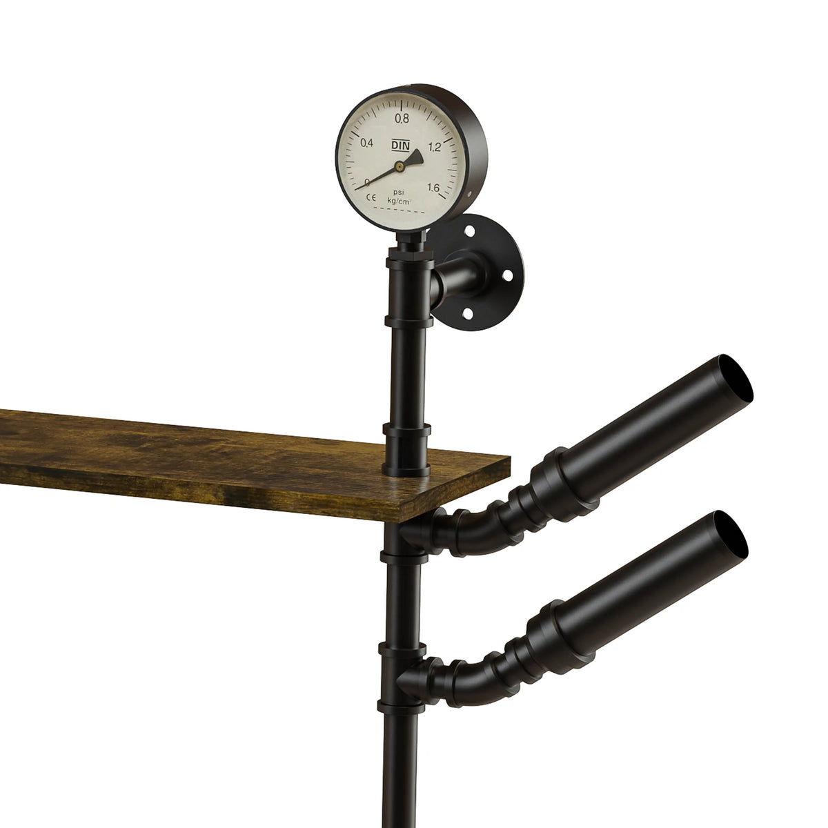 Pipe Bar Liquor Shelf by S And B Enterprise; black industrial wall mount with gauge dial and wood shelf