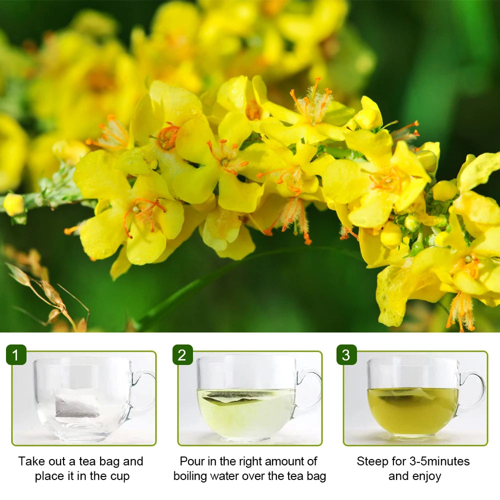 GPGP Greenpeople Mullein Leaf Herbal Tea by S And B Enterprise; yellow mullein blossoms with three-step brewing