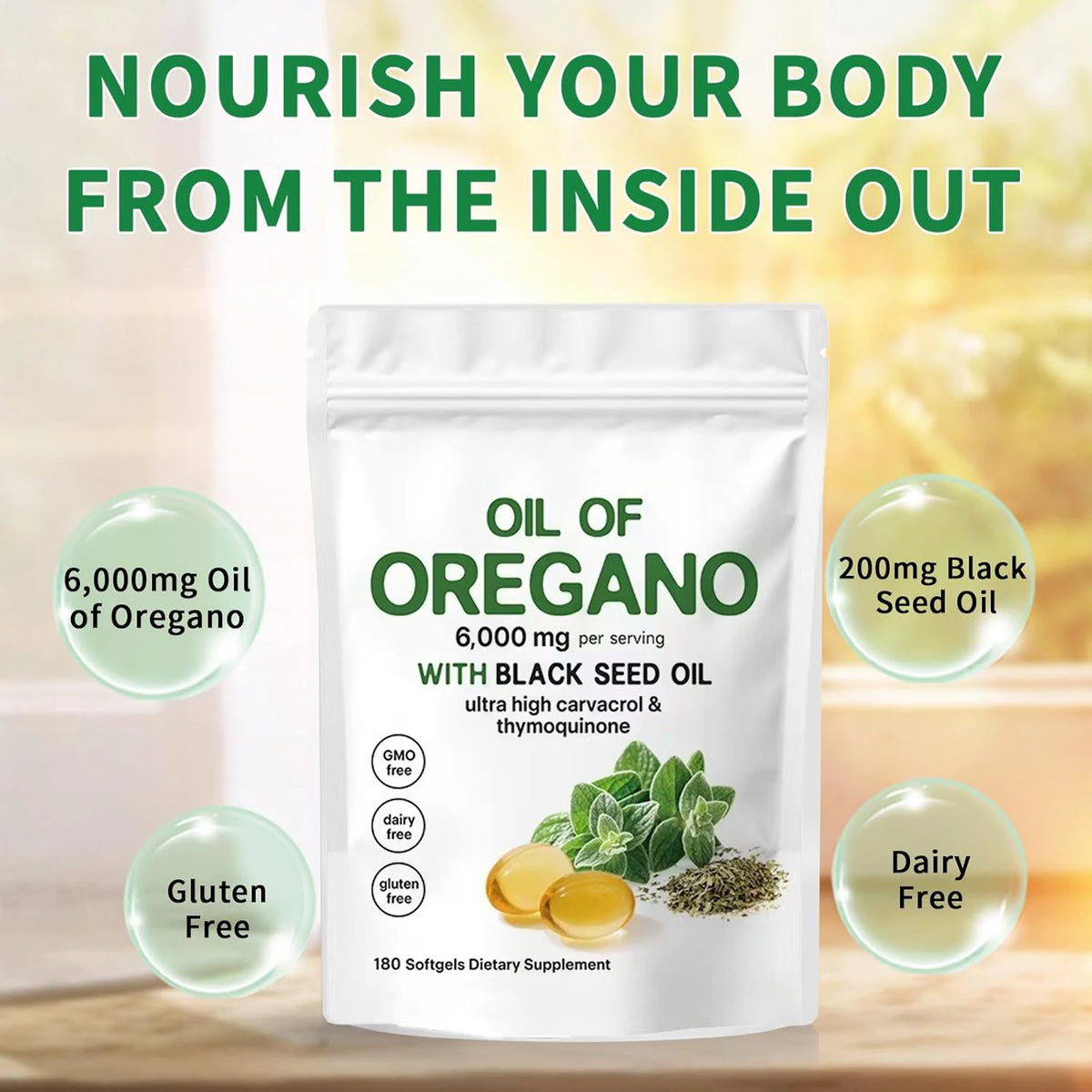 Oil Of Oregano softgels with black seed oil, white pouch with green text, 6,000 mg per serving