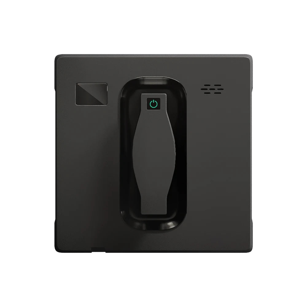 PuRuiKai window cleaning robot back view; black square body with gray center handle and green power button.