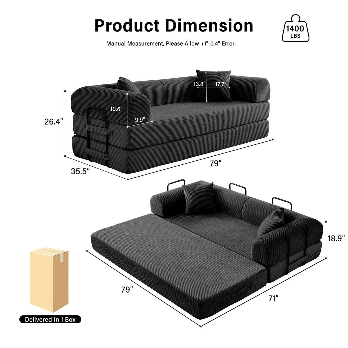 79-inch boneless foldable convertible futon sleeper sofa bed with L-shaped armrests, dark gray fabric