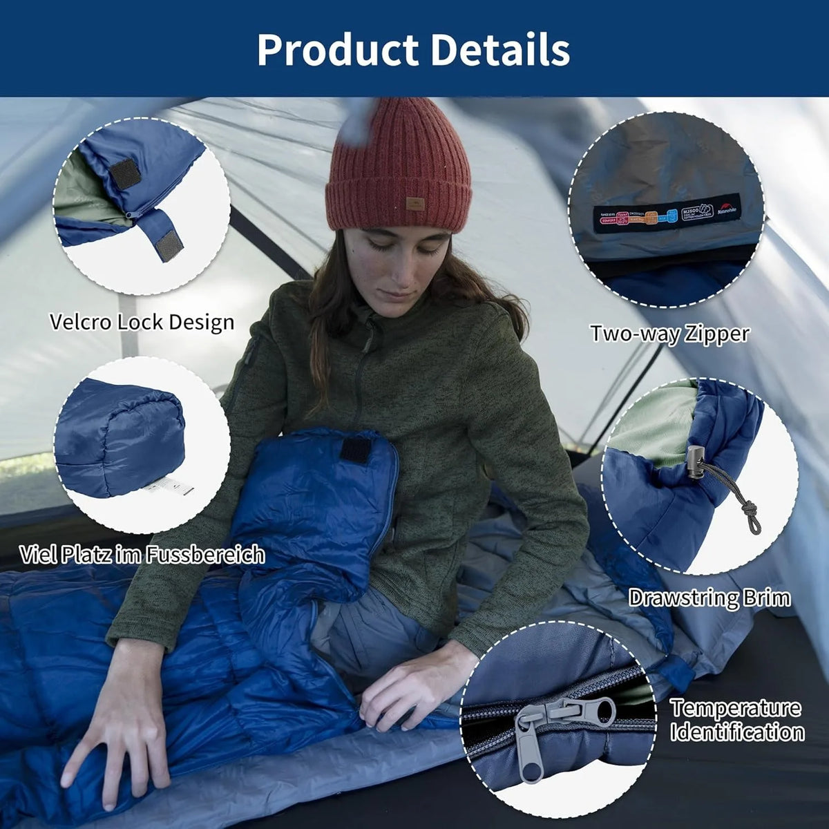 Mummy sleeping bag, blue; Velcro lock design, two-way zipper and drawstring brim