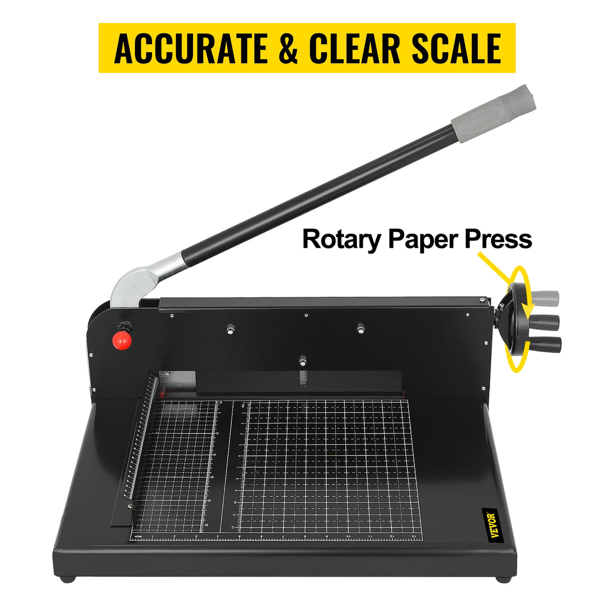 VEVOR A4 manual paper cutter with long black base, rotary handle and grid cutting mat.