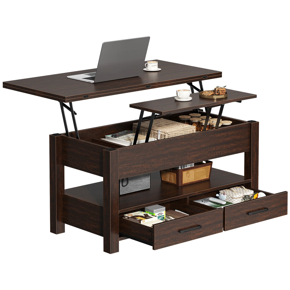 JHK dark brown lift-top coffee table with double drawers, raised top, laptop and cup on top, hidden storage.