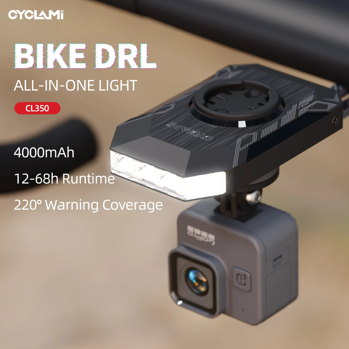 Cyclami CL350 bike headlight, black all-in-one light with 4000mAh rechargeable battery