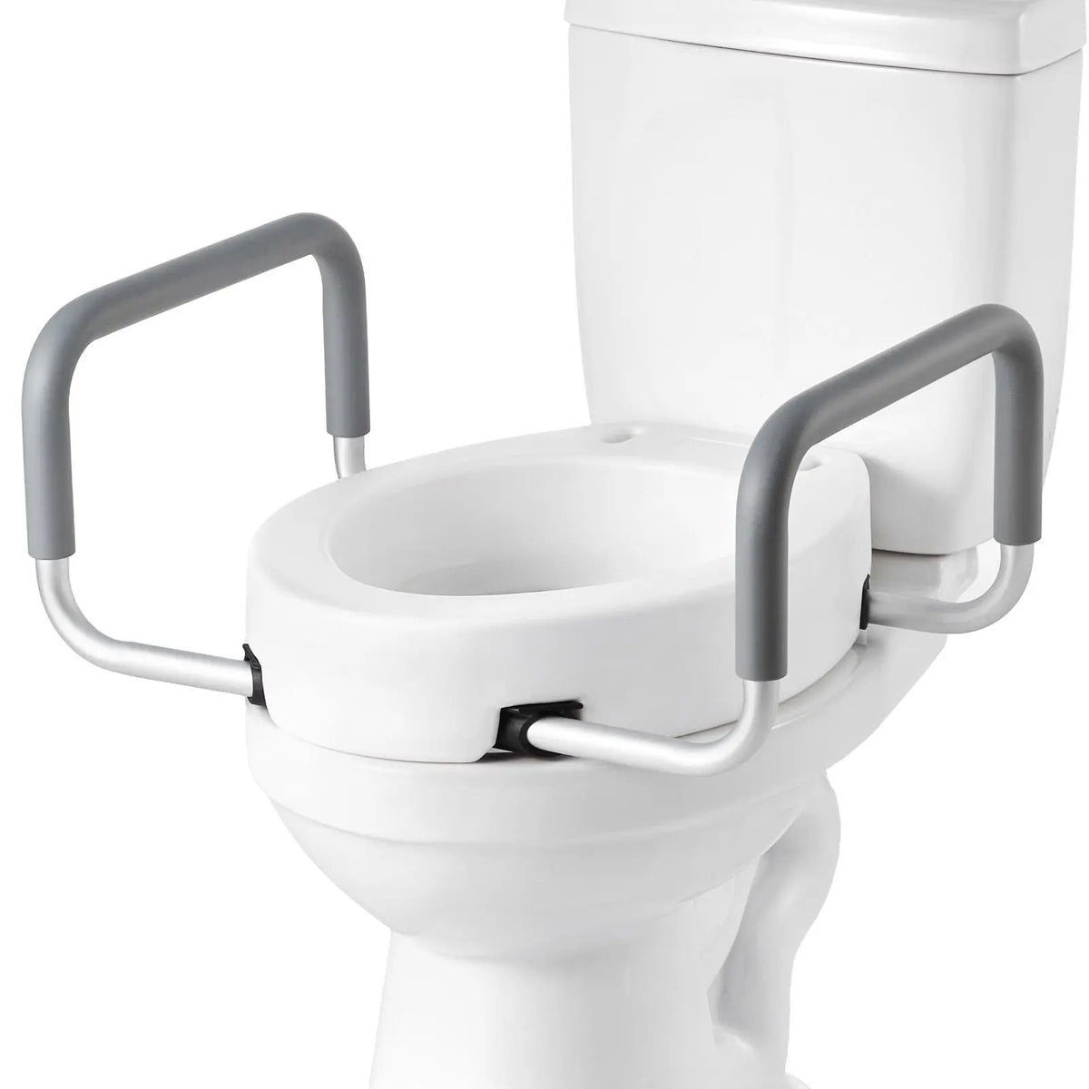 Raised toilet seat with arms, gray padded handles, 3.5-inch lift, 300 lb capacity