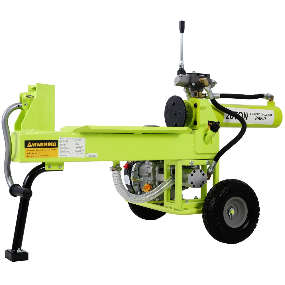 Portable 20-Ton log splitter with auto-return ram, horizontal, 7HP engine in lime green by S And B Enterprise.