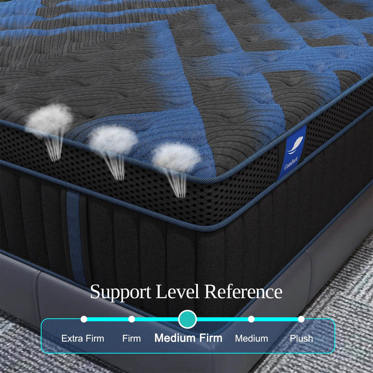 14-inch hybrid memory foam mattress with Euro top in blue and black quilted cover, medium firm back support