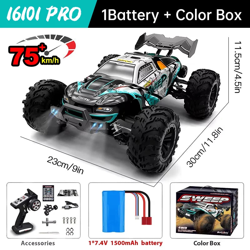 WLtoys 16101 Pro 1:16 4WD RC monster truck with LED lights and a blue-accent body, 2.4G remote