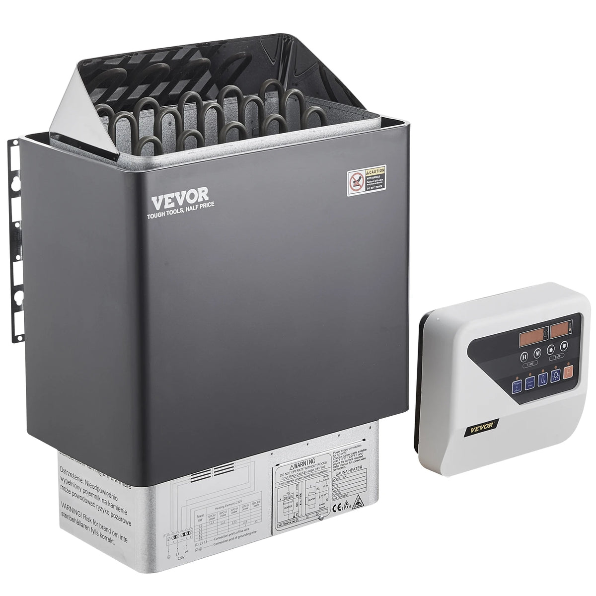 Sauna heater with gray metal housing and digital control panel (VEVOR)