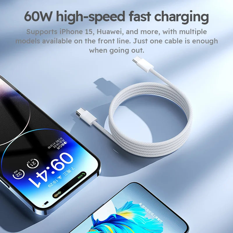 3-pack white nylon braided USB-C charging cables, 6ft, 60W fast charge