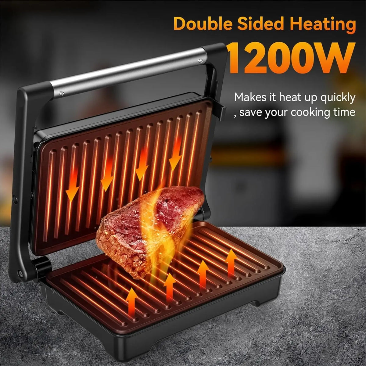 Panini grill press with 1200W double-sided heating and copper-tone grill plates cooking steak.