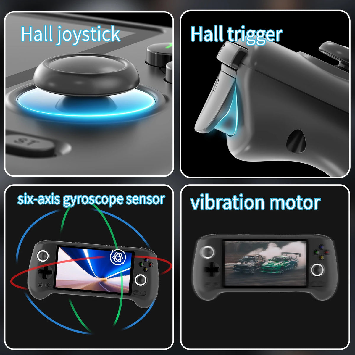 ANBERNIC RG556 handheld console with hall joystick and trigger, six-axis gyro sensor, and vibration motor