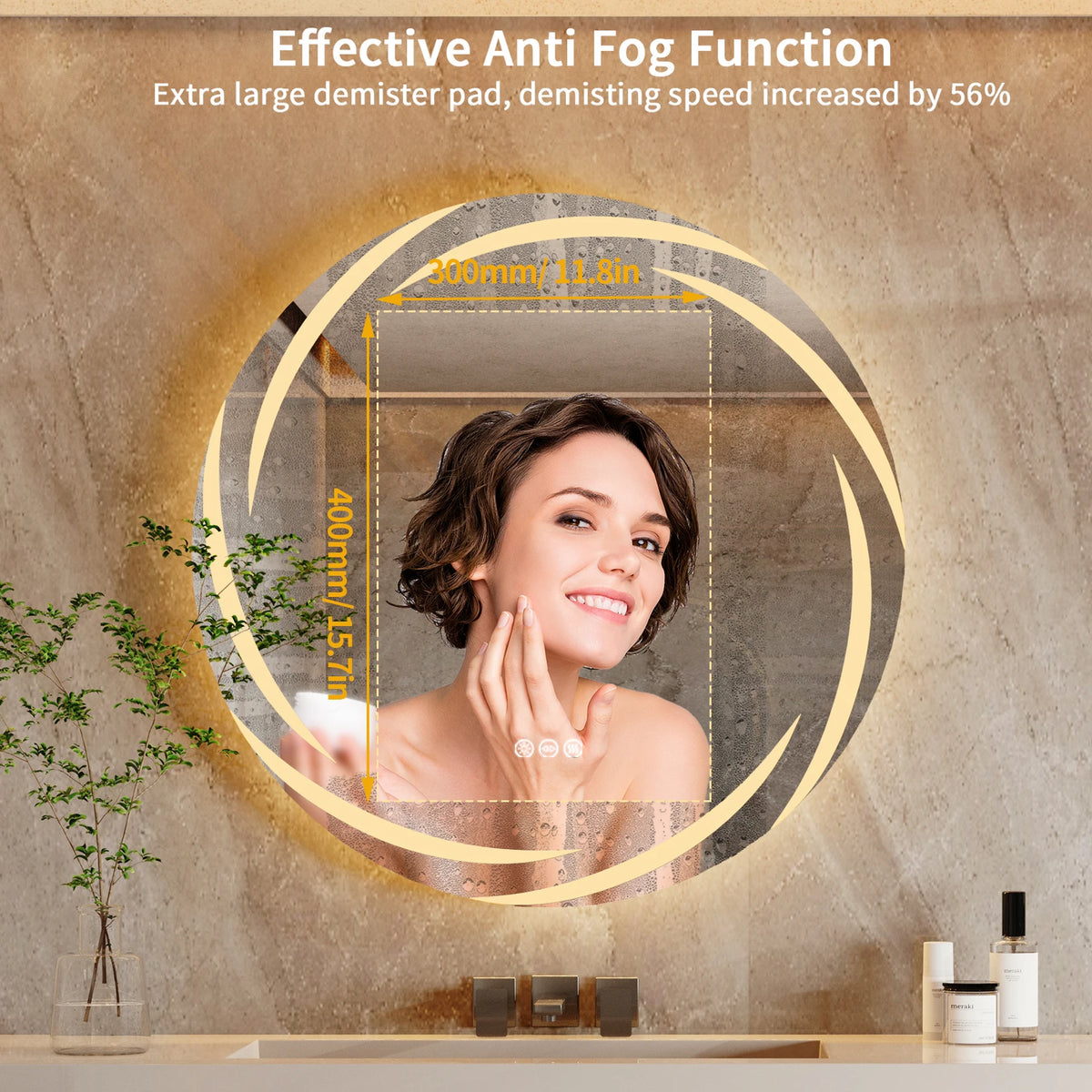 S And B Enterprise circular LED vanity mirror with anti-fog, backlit ring, wall-mounted, shatterproof, 3 color lights