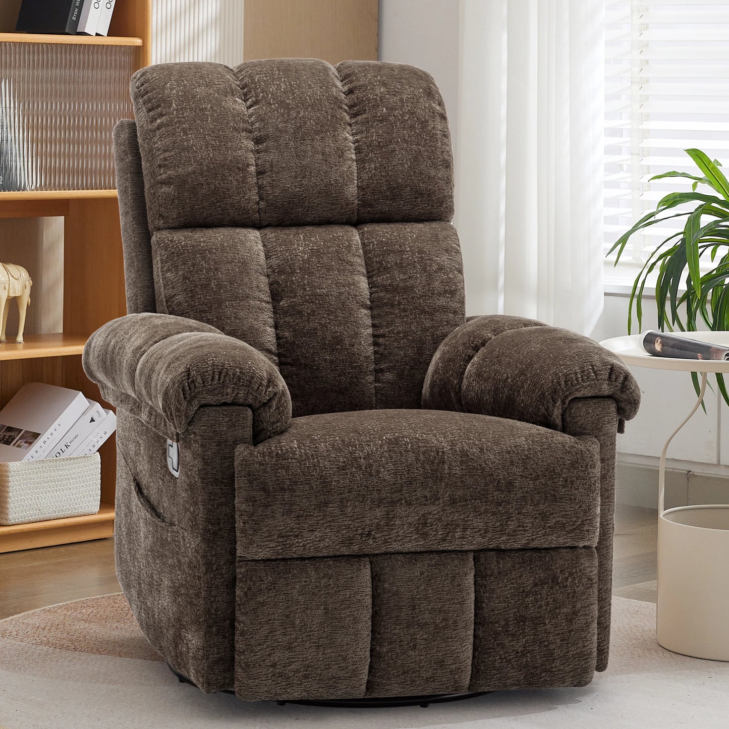 Korser swivel rocker recliner chair in brown chenille fabric with plush cushions