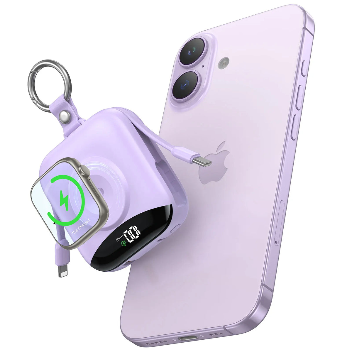 10000mAh power bank by S And B Enterprise with built-in Lightning & Type-C cables, LED display, lavender color