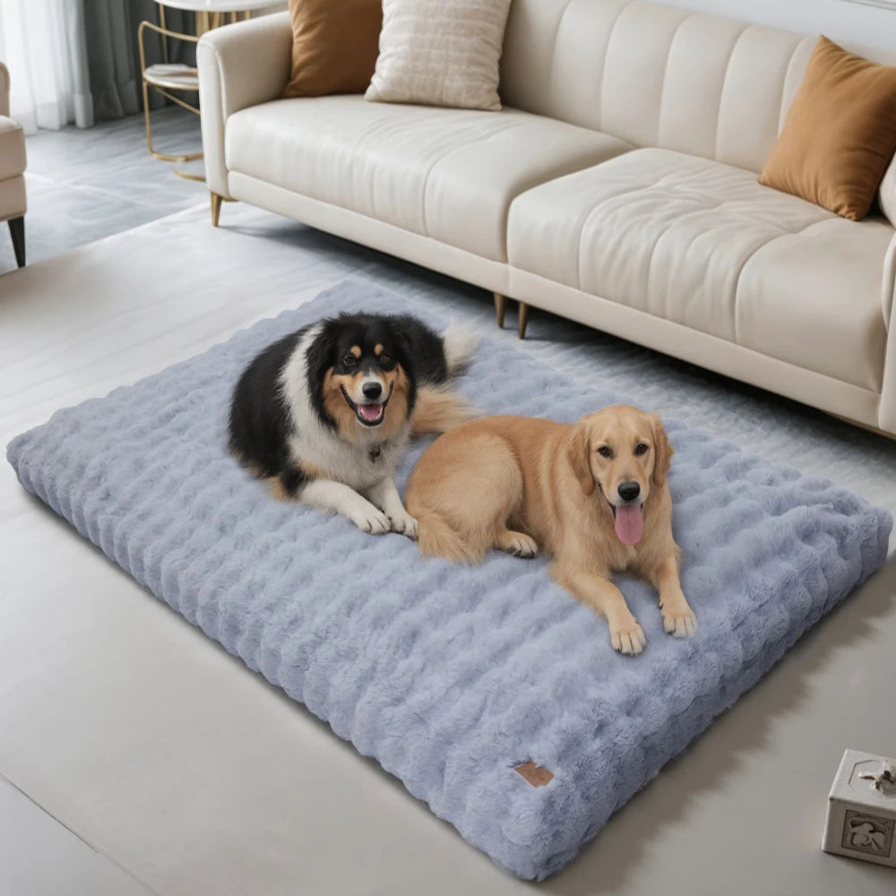 Ultra Plush Dog Bed by S And B Enterprise, large light-blue washable pet cushion with two dogs on it