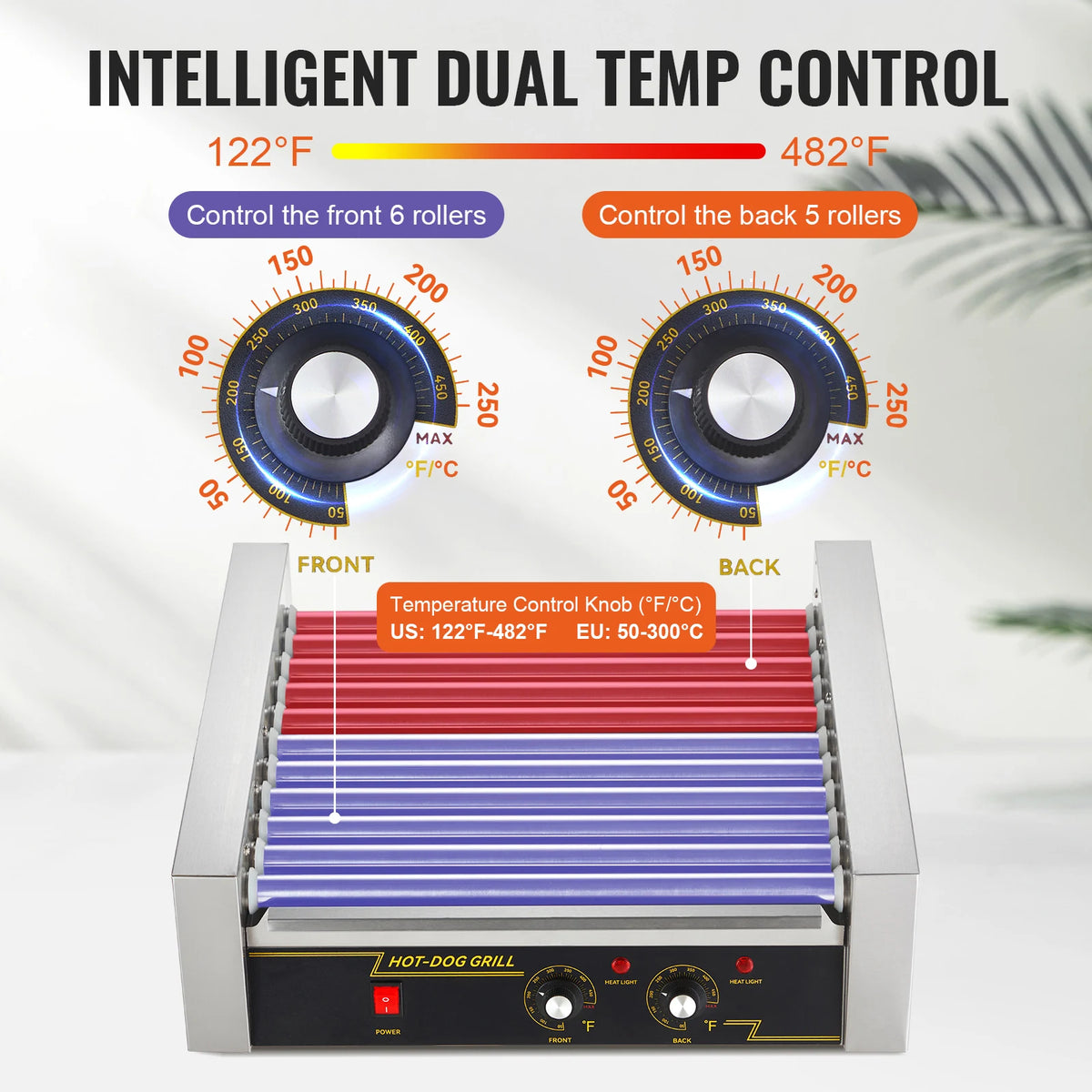Commercial hot dog roller grill with red rollers and dual front/back temperature controls